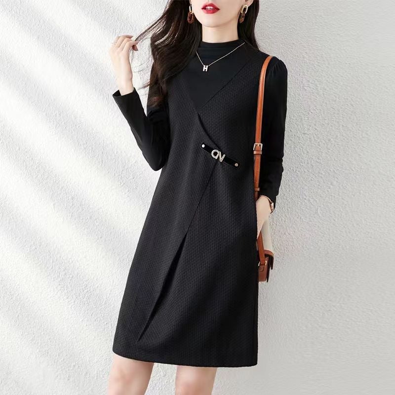 Autumn and Winter 2022 New Style Fragrance High-end Feeling Bottoming Coat French Fake Two-piece Dress Womens Clothing Black - Image 3