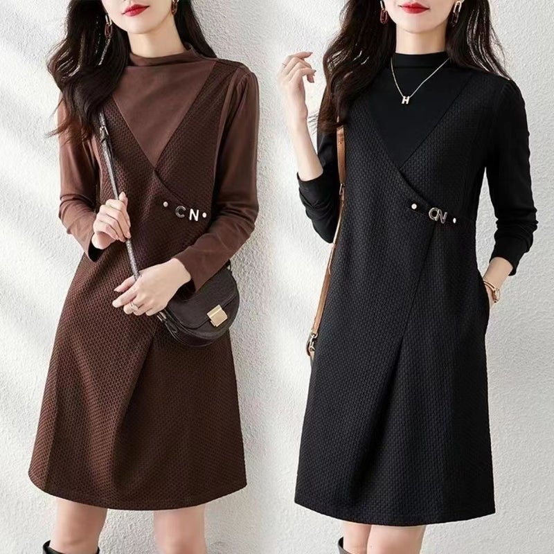 Autumn and Winter 2022 New Style Fragrance High-end Feeling Bottoming Coat French Fake Two-piece Dress Womens Clothing Black - Image 2
