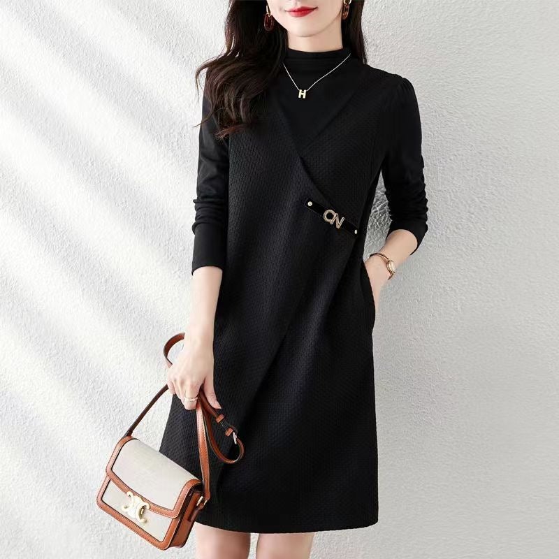 Autumn and Winter 2022 New Style Fragrance High-end Feeling Bottoming Coat French Fake Two-piece Dress Womens Clothing Black - Image 4