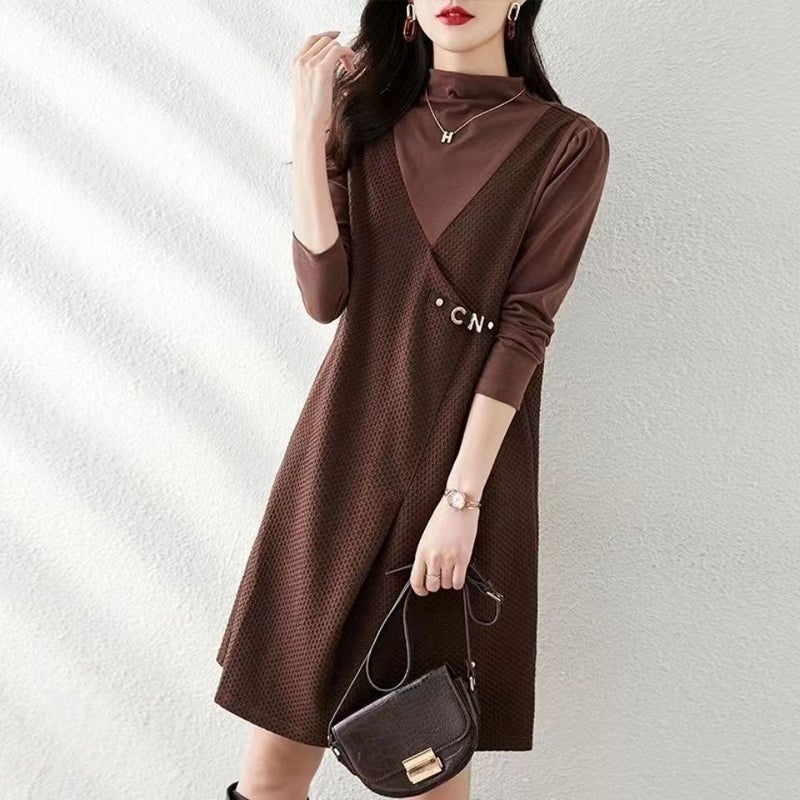 Autumn and Winter 2022 New Style Fragrance High-end Feeling Bottoming Coat French Fake Two-piece Dress Womens Clothing Black - Image 5