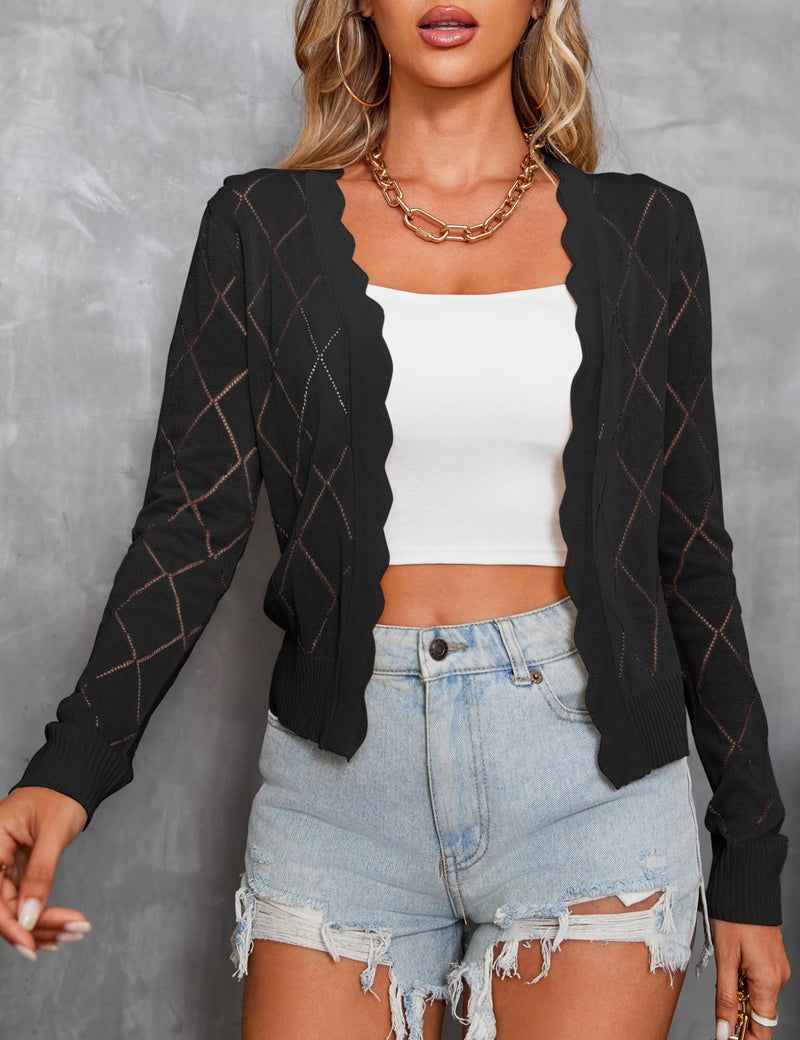 CARDYDONY Women's Long Sleeve Cropped Cardigan Sweaters Open Front Hollow Out Shrugs Black XL - Image 3