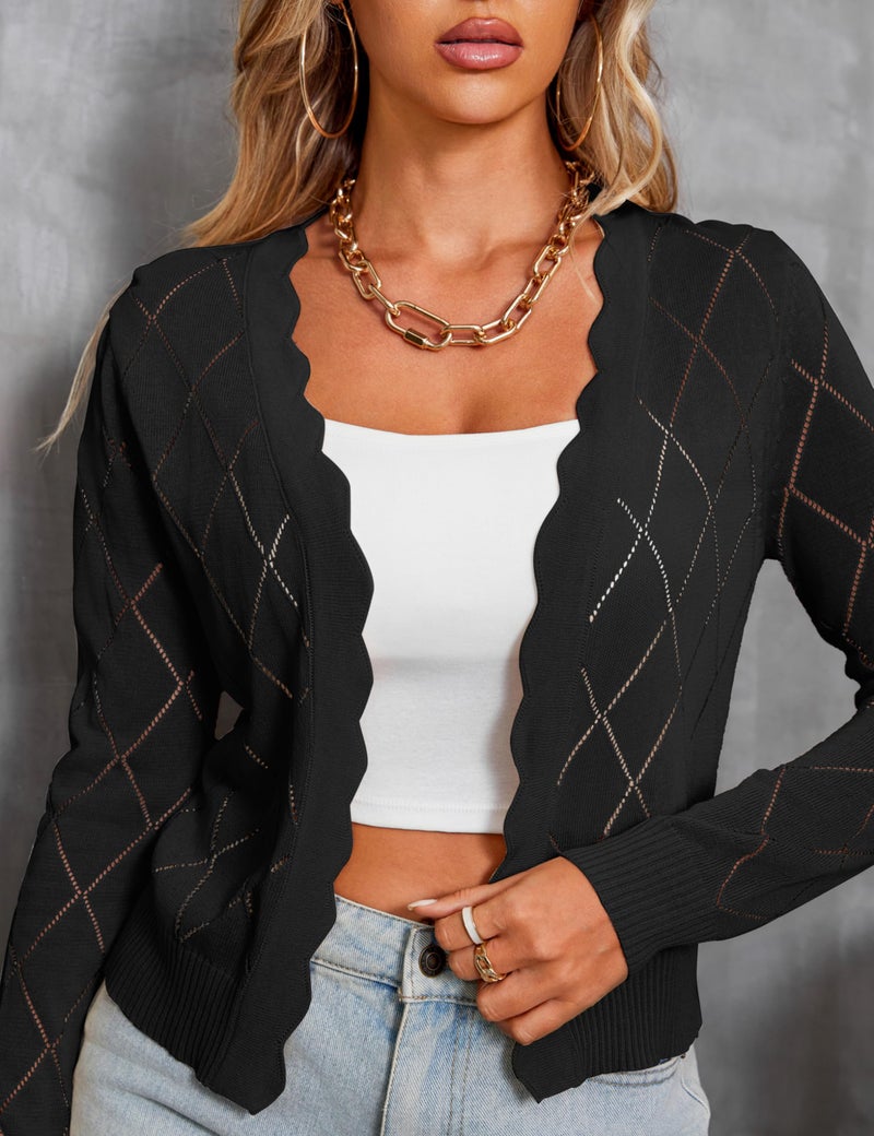 CARDYDONY Women's Long Sleeve Cropped Cardigan Sweaters Open Front Hollow Out Shrugs Black XL - Image 2