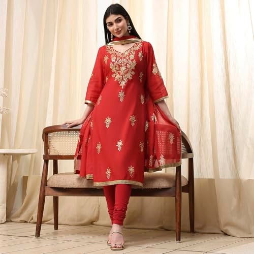 Biba Women Red Poly Chanderi Fitted Kurta Set_32 - Image 2