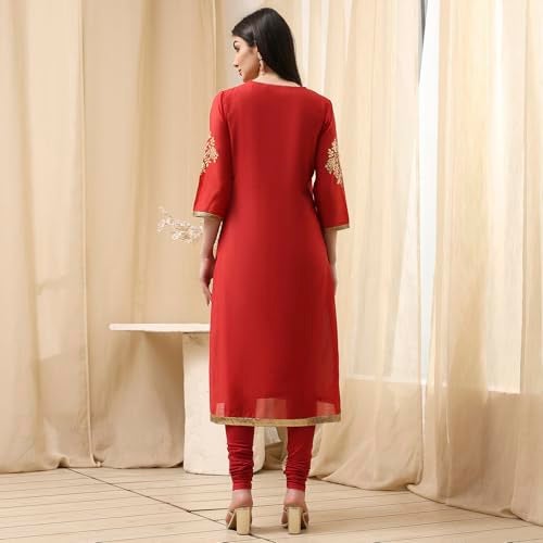 Biba Women Red Poly Chanderi Fitted Kurta Set_32 - Image 5