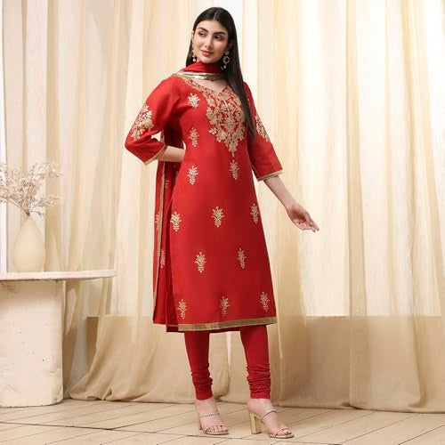 Biba Women Red Poly Chanderi Fitted Kurta Set_32 - Image 4