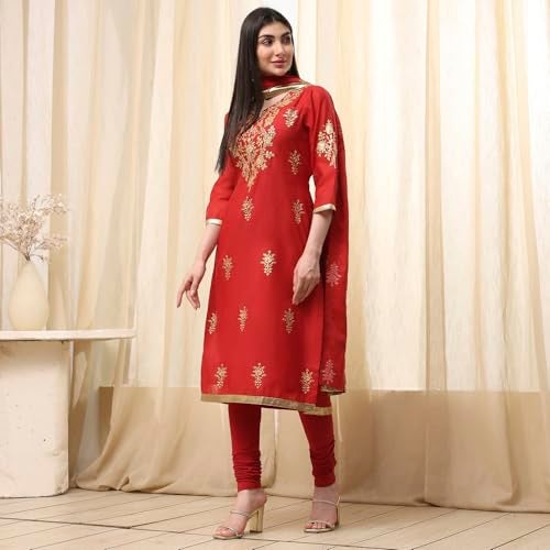 Biba Women Red Poly Chanderi Fitted Kurta Set_32 - Image 3