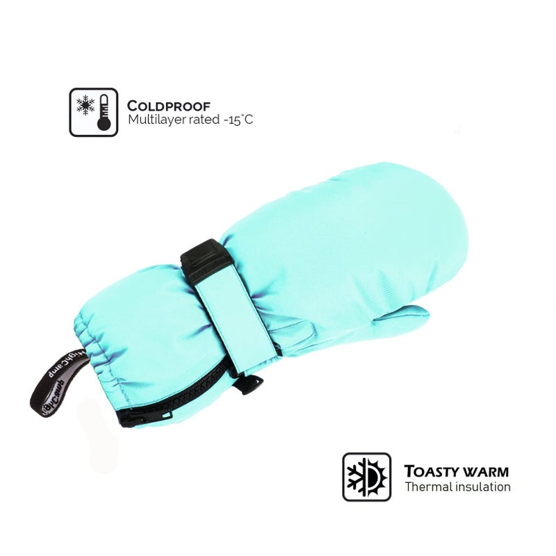 HIGHCAMP Kids Long Cuff Winter Snow Ski Mitten with Zipper Waterproof Gloves for Toddler Boys Girls-Aqua,XS (1-3 Y) - Image 2