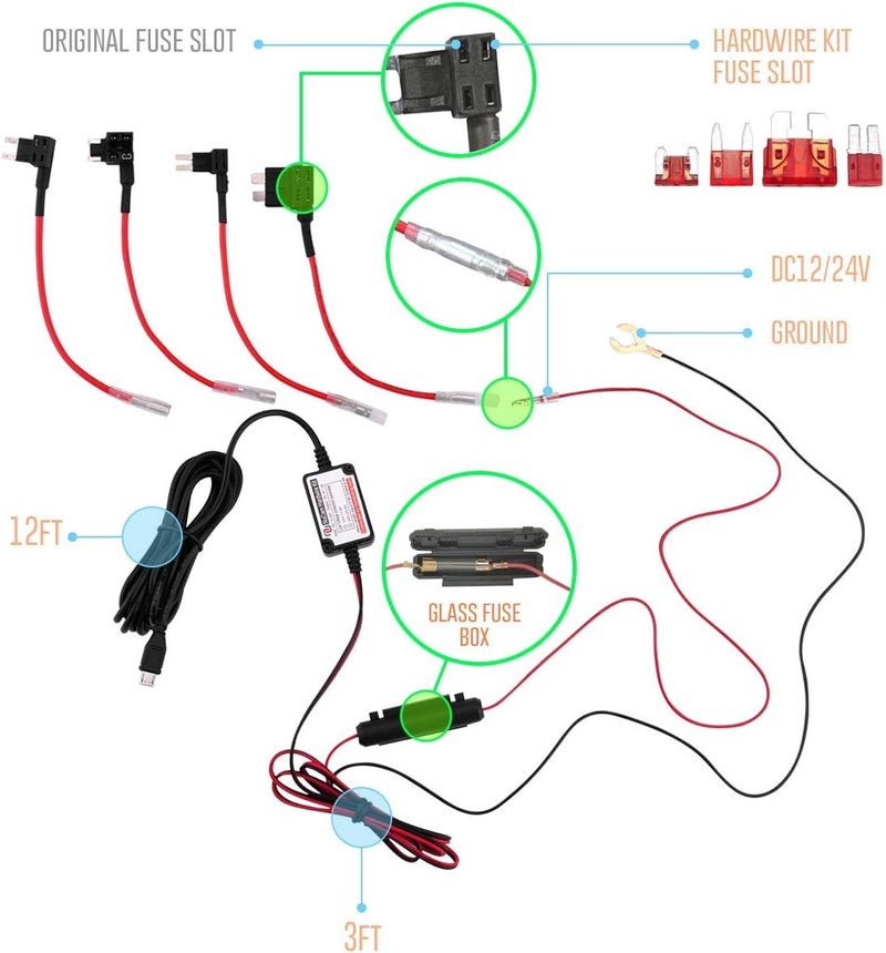 NUNET مجموعة توصيل صلبة بطول 15 قدم MicroUSB و MiniUSB مع فيوزات Mini/LP Mini/ATO/Micro2، محولات Micro إلى Mini/Type-C، نظام حماية من استنزاف البطارية، سلك بطول 15 قدم لكاميرات داش. - Image 2