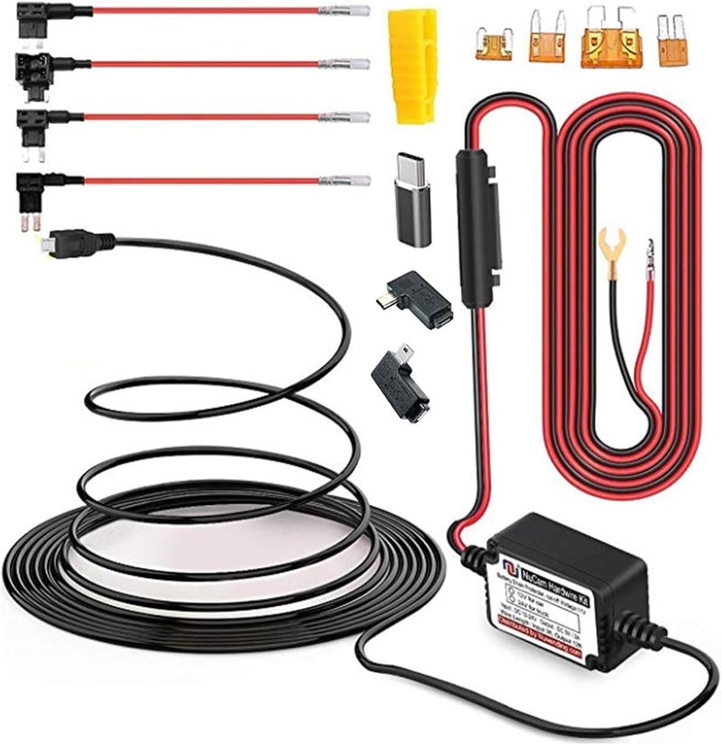 NUNET مجموعة توصيل صلبة بطول 15 قدم MicroUSB و MiniUSB مع فيوزات Mini/LP Mini/ATO/Micro2، محولات Micro إلى Mini/Type-C، نظام حماية من استنزاف البطارية، سلك بطول 15 قدم لكاميرات داش. - Image 1