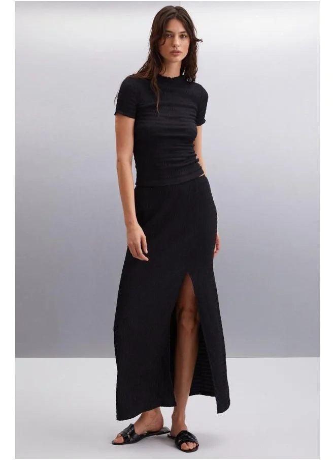 GRIMELANGE Aivy Women's Slim Fit Textured Bodycon Woven Black Skirt