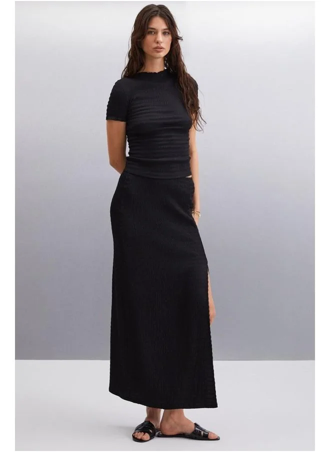 GRIMELANGE Aivy Women's Slim Fit Textured Bodycon Woven Black Skirt