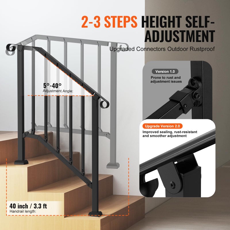 VEVOR Handrails for Outdoor Steps, 2 Step Stair Hand Rail Kit, Transitional Carbon Steel Railings with Installation Kit, Stair Rails for Seniors, Concrete Steps & Porch & Deck, Black Retro Arch - Image 3