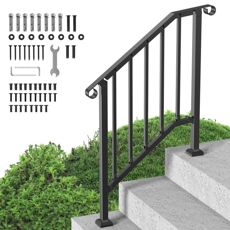 VEVOR Handrails for Outdoor Steps, 2 Step Stair Hand Rail Kit, Transitional Carbon Steel Railings with Installation Kit, Stair Rails for Seniors, Concrete Steps & Porch & Deck, Black Retro Arch - Image 1
