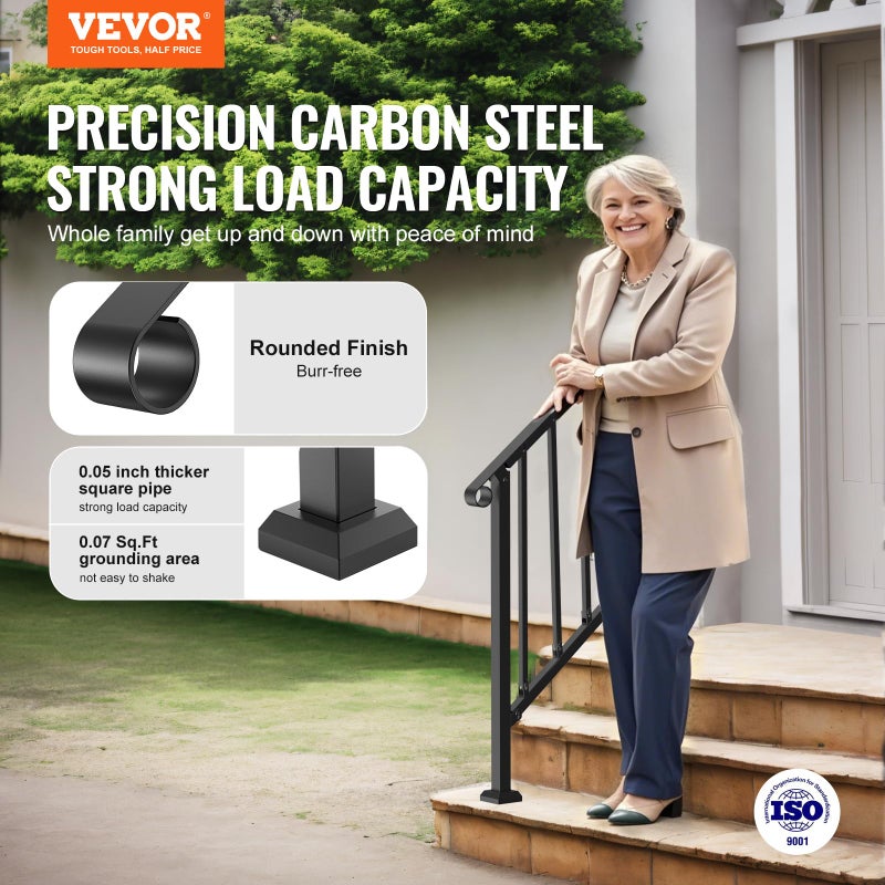 VEVOR Handrails for Outdoor Steps, 2 Step Stair Hand Rail Kit, Transitional Carbon Steel Railings with Installation Kit, Stair Rails for Seniors, Concrete Steps & Porch & Deck, Black Retro Arch - Image 2