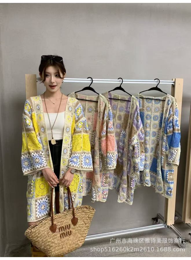 Pink Korean Style Retro Plaid Floral Cut Out Crochet Knit Top, Soft Niche Long Sleeve Sweater