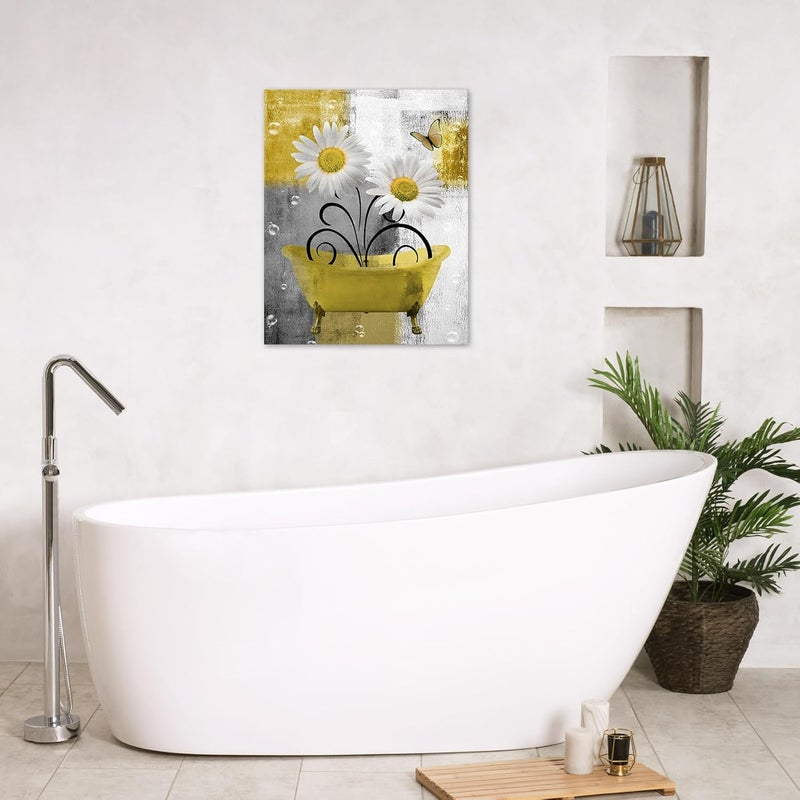 HVEST Farmhouse Floral Wall Art for Living Room, Yellow Flower and Butterfly Canvas Wall Art Modern Grey and White Abstract Geometric Framed Wall Art for Bathroom Bedroom Wall Decor, 20L X 16W inches - Image 2
