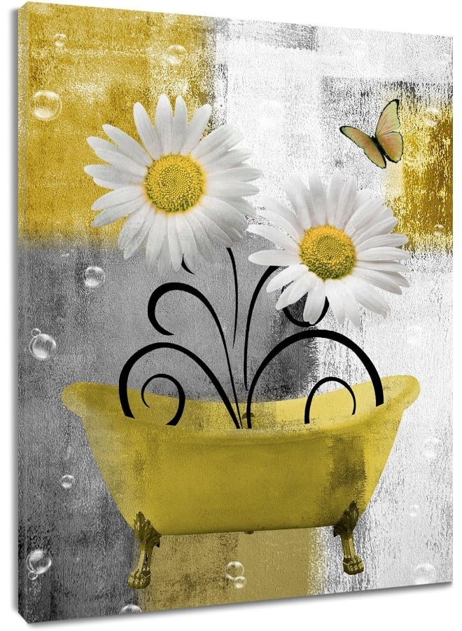 HVEST Farmhouse Floral Wall Art for Living Room, Yellow Flower and Butterfly Canvas Wall Art Modern Grey and White Abstract Geometric Framed Wall Art for Bathroom Bedroom Wall Decor, 20L X 16W inches - Image 1