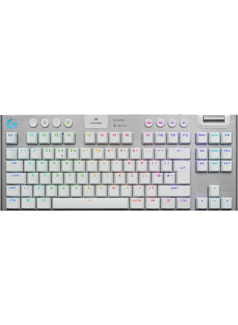 لوجيتيك لوحة مفاتيح الألعاب اللاسلكية G915 X LIGHTSPEED TKL منخفضة الارتفاع، مفاتيح PBT مزدوجة الطباعة، مفاتيح قابلة للبرمجة بالكامل، إضاءة خلفية RGB، تشطيب أنيق من الألمنيوم، GL بني لمسة، PC/Mac - أبيض - Image 1