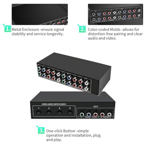 BolAAzuL Component AV Video Switch Box 4 in 1 Out, BolAAzuL 4 Port 5 RCA YPbPr Cable RGB Component AV Switcher Selector Converter 4-Way Plug & Play for Retro Gaming PS2 Wii Xbox DVD Player TV - Image 5