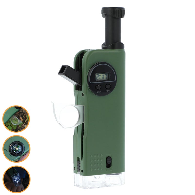 Carson X-Scope Kids 7 Function Multi Purpose Optical Pocket Tool with 30x Microscope, 8x Telescope, 9x Fold-Out Magnifier, Flashlight, Signal Whistle, Directional Compass and Digital Clock (CP-11) - Image 1