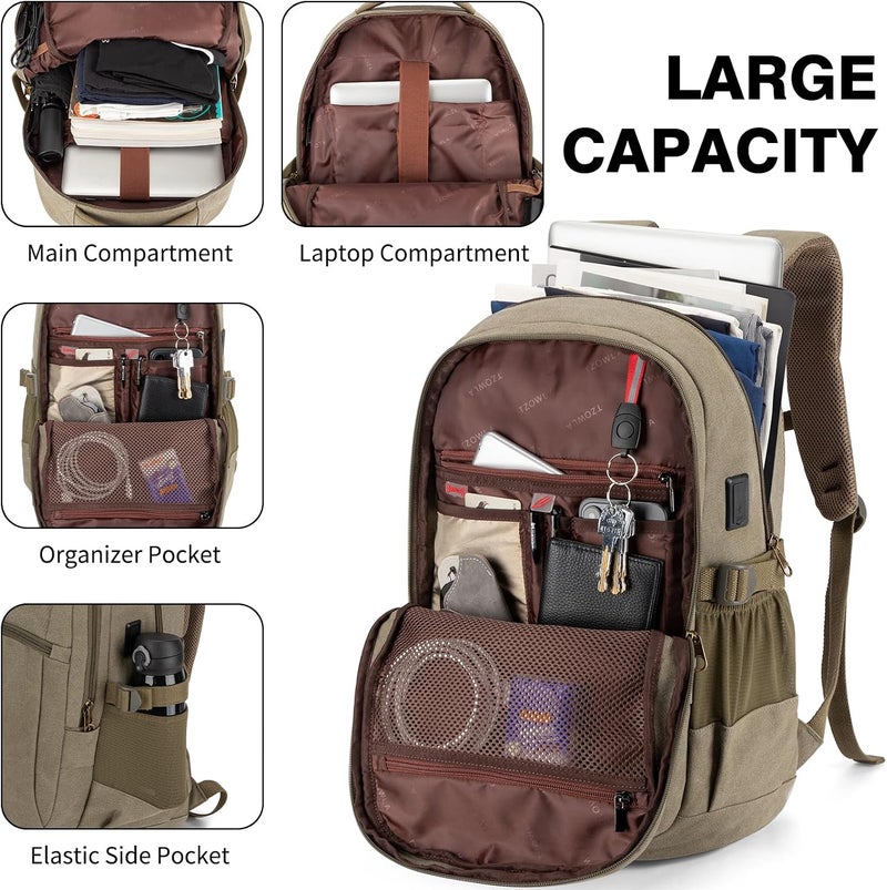 Tzowla Vintage Canvas Laptop Backpack for Men and Women,College Travel Work Rucksack Fit 15.6 Inch Laoptop - Image 2