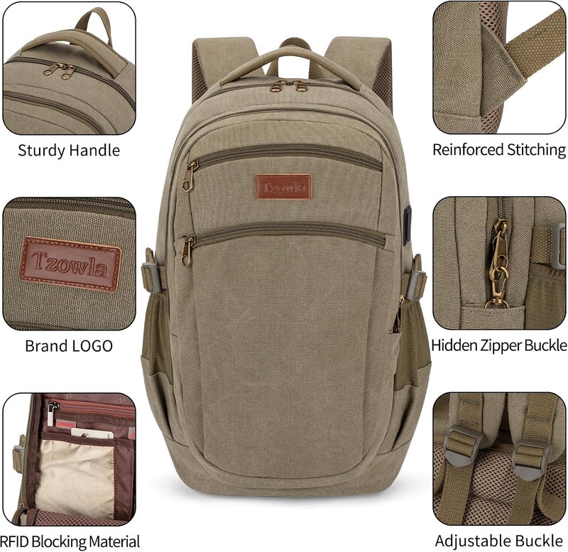 Tzowla Vintage Canvas Laptop Backpack for Men and Women,College Travel Work Rucksack Fit 15.6 Inch Laoptop - Image 5