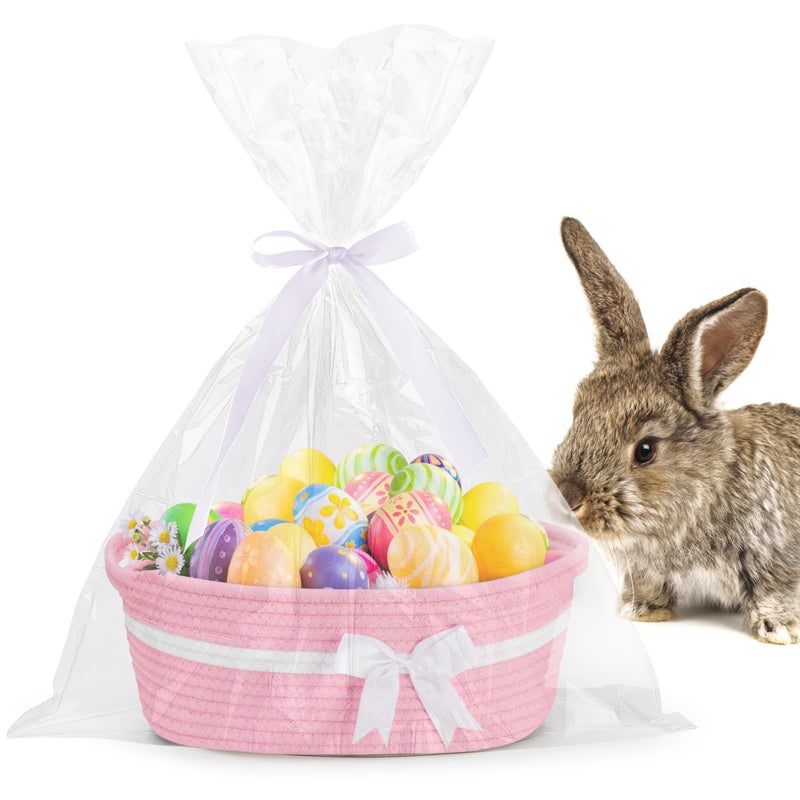 Yeeeasy Gift Basket with Bow and Bag - Home Decor Rope Storage Container for Baby Toys, 13.5"X 8.5" X 5.5" with Handles, Pink - Image 3