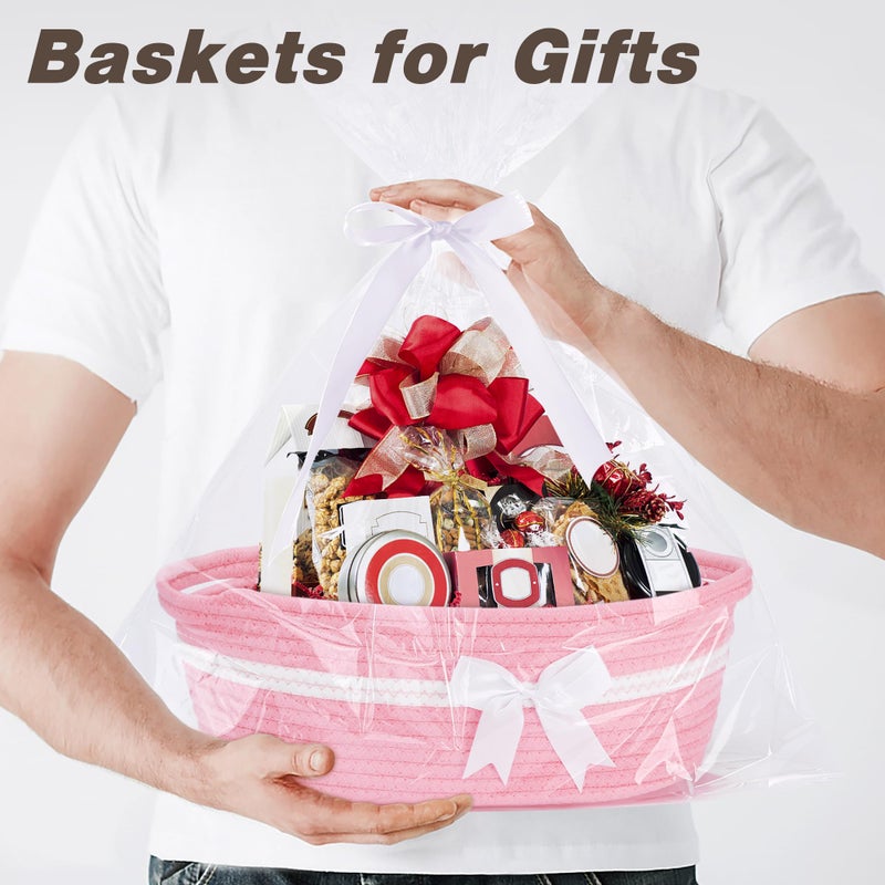 Yeeeasy Gift Basket with Bow and Bag - Home Decor Rope Storage Container for Baby Toys, 13.5"X 8.5" X 5.5" with Handles, Pink - Image 2