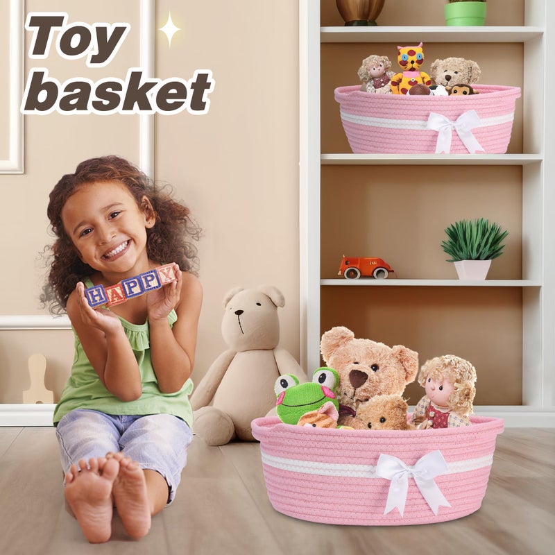 Yeeeasy Gift Basket with Bow and Bag - Home Decor Rope Storage Container for Baby Toys, 13.5"X 8.5" X 5.5" with Handles, Pink - Image 5