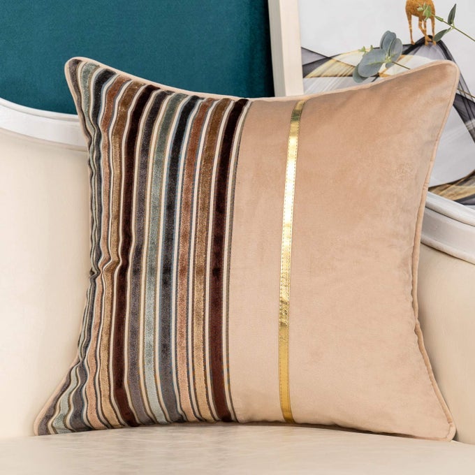 Brown Striped Patchwork Throw Pillow Cover Gold Leather Cushion Cover Zippered Pillowcase for Sofa Couch Bedroom Living Room Home Decoration18x18 Inch