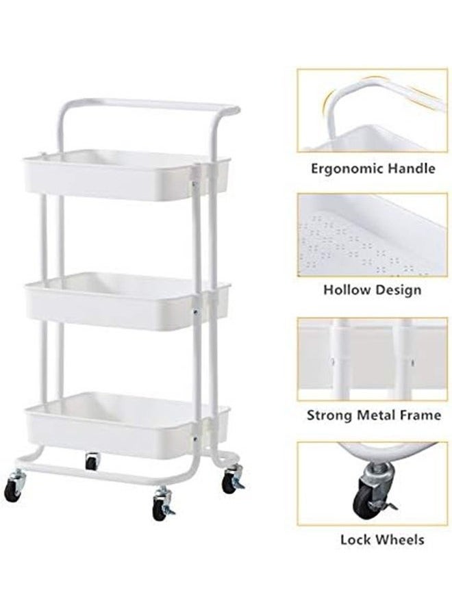 3-Tier Multifunctional Organizer Cart with Ergonomic Handles & Silent 360° Wheels | Stainless Steel Frame for Kitchen/Office/Bathroom | Stylish Modern Design White Storage Trolley (87x43x37 cm) | Heavy-Duty & Space-Saving - Image 3
