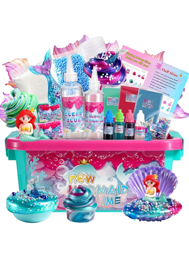 FLYHSO Summer Gift Mermaid Slime Kit for Girls, Shimmer Slime Making Kit for Kids Age 6-12 DIY Soft Glitter Glossy Metallic Slime Toy - Image 1