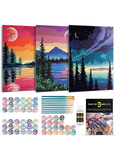 3 Pack Paint By Number For Adults Beginner Moon Lake Landscape Diy Painting By Number Kit Easy Acrylic Paint By Numbers On Canvas 9X12 Inch Include 10 Multi Sized Brushes
