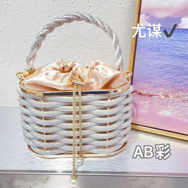 Metal Hollow Shiny Colorful Rhinestone Vegetable Basket Bird Cage Bag Banquet Diamond Bucket Bag Clutch Messenger Bag - Image 1