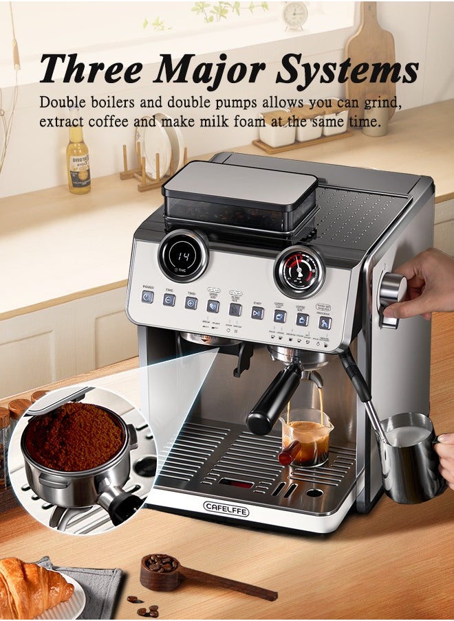 Cafelffe Barista Espresso Machine With Double Boilers And Double Pumps Household And Commercial Dual Use Espresso Coffee Maker With Grinder All-In-One 2.5L White  - Image 2