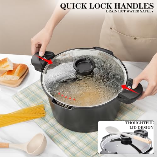 ACTIV CUISINE 8.5qt Pasta Pot with Strainer Lid, Cast Aluminum Stockpot Multipot, Nonstick Ceramic Coating make Cleanup easy with Tempered Glass Lid, Dishwasher Safe, Induction, Black (Black, 8.5 Quarts) - Image 4