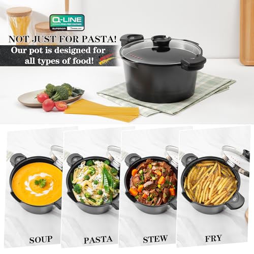 ACTIV CUISINE 8.5qt Pasta Pot with Strainer Lid, Cast Aluminum Stockpot Multipot, Nonstick Ceramic Coating make Cleanup easy with Tempered Glass Lid, Dishwasher Safe, Induction, Black (Black, 8.5 Quarts) - Image 3