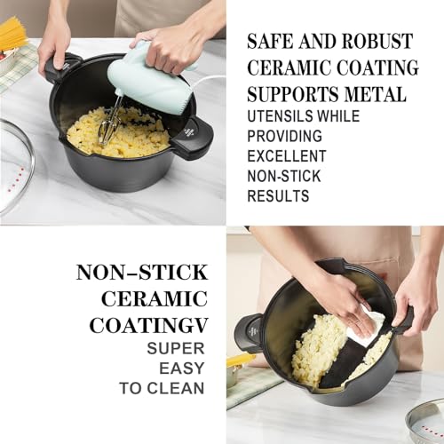 ACTIV CUISINE 8.5qt Pasta Pot with Strainer Lid, Cast Aluminum Stockpot Multipot, Nonstick Ceramic Coating make Cleanup easy with Tempered Glass Lid, Dishwasher Safe, Induction, Black (Black, 8.5 Quarts) - Image 5