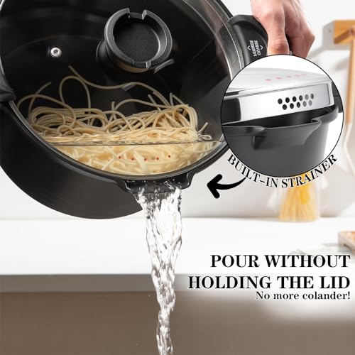 ACTIV CUISINE 8.5qt Pasta Pot with Strainer Lid, Cast Aluminum Stockpot Multipot, Nonstick Ceramic Coating make Cleanup easy with Tempered Glass Lid, Dishwasher Safe, Induction, Black (Black, 8.5 Quarts) - Image 2