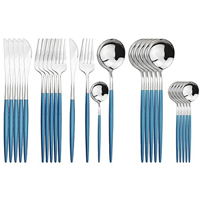 Uniturcky Silver Silverware Set, 24-Piece Stainless Steel Flatware Set Service For 6, Mirror Polished Blue Handle Tableware Cutlery Set Knife Fork And Spoon For Home & Restaurant, Dishwasher Safe