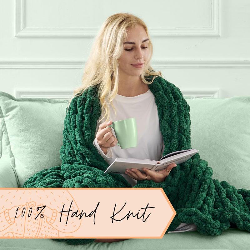 Adyrescia Chunky Knit Blanket Throw | 100% Hand Knit with Jumbo Chenille Yarn (50""x60""  Forest Green) - Image 3