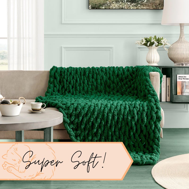 Adyrescia Chunky Knit Blanket Throw | 100% Hand Knit with Jumbo Chenille Yarn (50""x60""  Forest Green) - Image 4