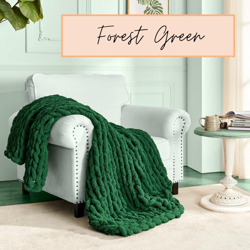 Adyrescia Chunky Knit Blanket Throw | 100% Hand Knit with Jumbo Chenille Yarn (50""x60""  Forest Green) - Image 2