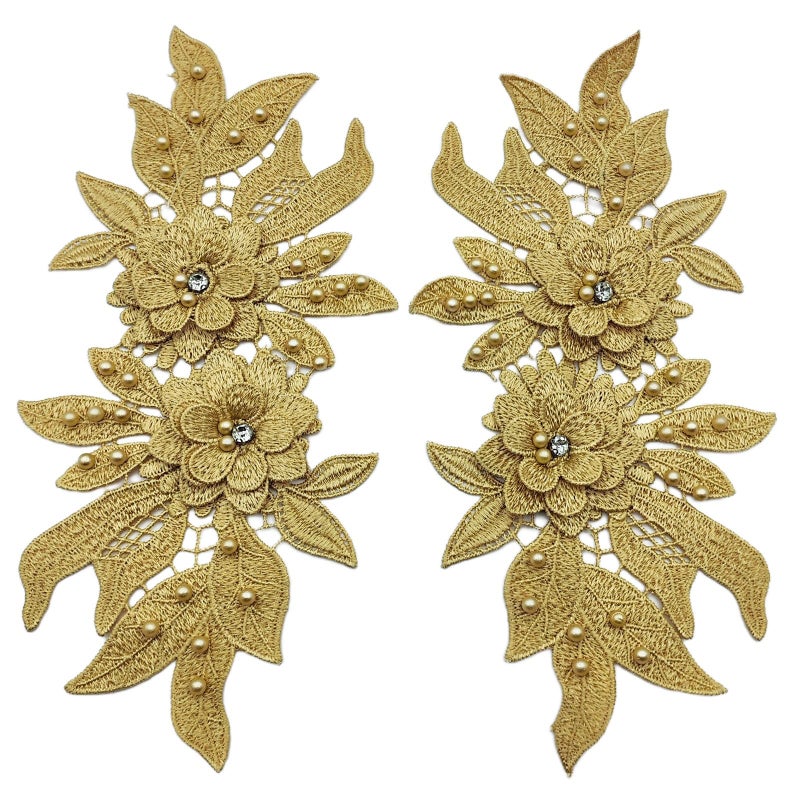 Carytalee 1 Pair Lace Fabric Flower Bead Patches Embroidered Trim Applique Floral Motif Lace Decor for Clothing DIY Sewing Craft Decoration, Champagne 9.2 x 4.5 Inch - Image 3
