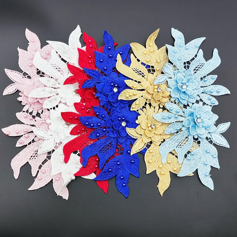 Carytalee 1 Pair Lace Fabric Flower Bead Patches Embroidered Trim Applique Floral Motif Lace Decor for Clothing DIY Sewing Craft Decoration, Champagne 9.2 x 4.5 Inch - Image 4