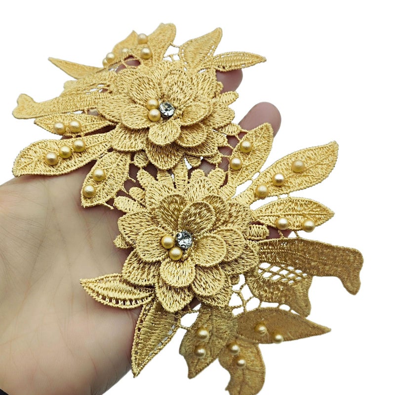 Carytalee 1 Pair Lace Fabric Flower Bead Patches Embroidered Trim Applique Floral Motif Lace Decor for Clothing DIY Sewing Craft Decoration, Champagne 9.2 x 4.5 Inch - Image 2