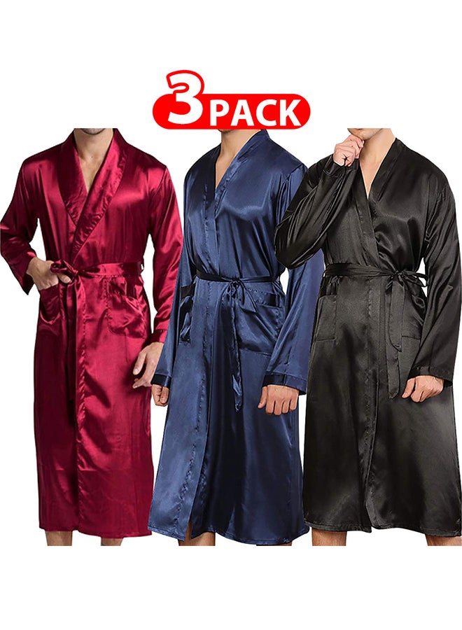 MARGOUN 3 Pack Men's Small Size Dressing Gown Kimono Robe Lightweight Silk Long Sleeved Home Sleepwear Loungewear /(Length 44''/Chest 22'')