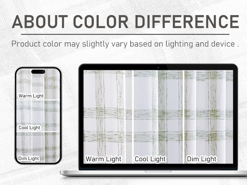 Randall White Green Check Linen Café Valance Curtain for Living Room Semi-Sheer Rod Pocket Classic Country Farmhouse Style Window Curtain Treatment, 2 Panels, 54in x18in, Sage Green - Image 4