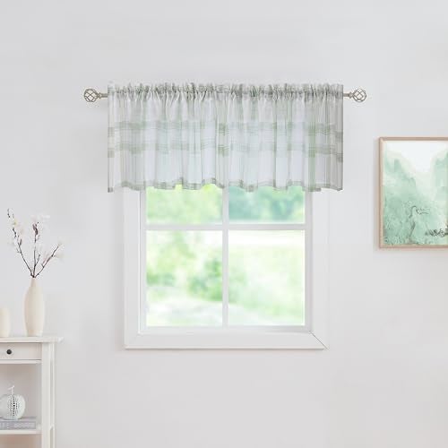 Randall White Green Check Linen Café Valance Curtain for Living Room Semi-Sheer Rod Pocket Classic Country Farmhouse Style Window Curtain Treatment, 2 Panels, 54in x18in, Sage Green - Image 1