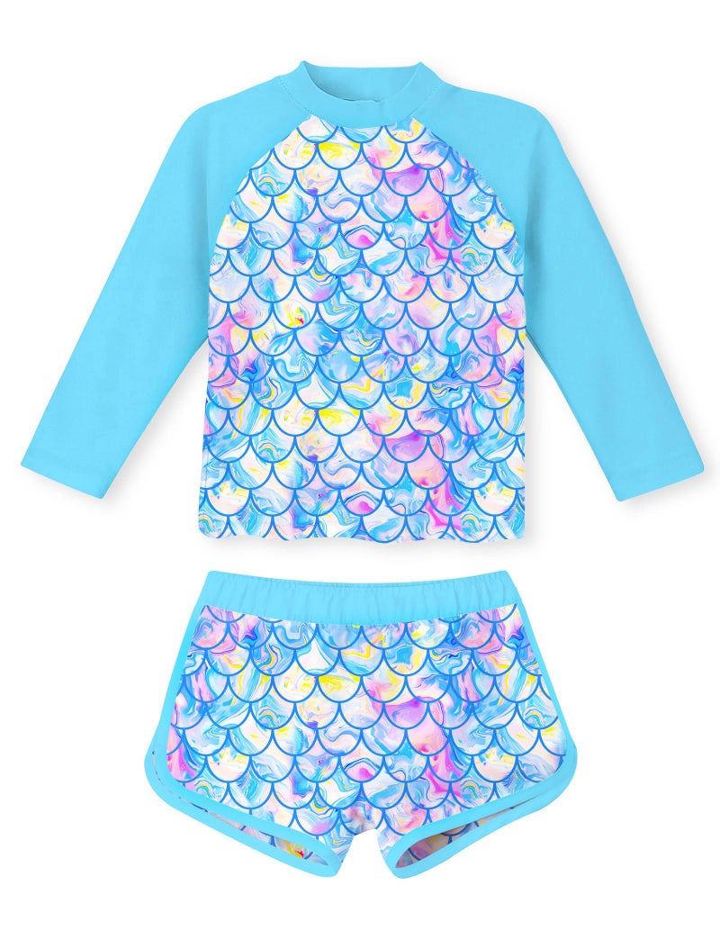 Vogseek Kids 4t Girls Two Pieces Swimsuit UV Protective Blue Mermaid Scales Swimming Suits Long Sleeve Bikini Top and Swim Shorts 2-Piece Set for 4 Year Old Girl - Image 1